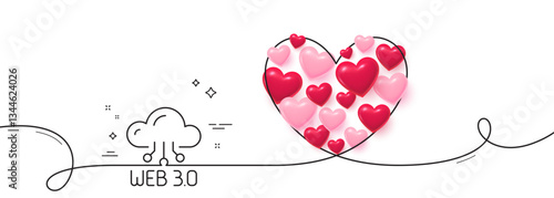 Web3 line icon. Continuous line big heart. Web 3.0 internet technology sign. Decentralized system symbol. 3d hearts in heart shaped loop. Web3 single line ribbon. Loop curve pattern. Vector