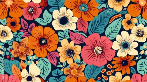 Vibrant Floral Pattern Bold Colorful Flowers and Leaves on Dark Background, botanical , spring