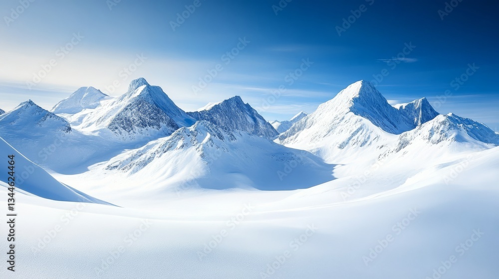 Obraz premium Snowy Peaks Majestic Ice-Covered Mountain Range Under Clear Blue Sky, Winter , Landscape
