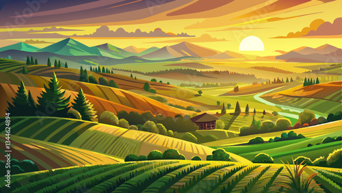Breathtaking view of majestic rolling hills and verdant fields bathed in the warm glow of the setting sun creating a serene and enchanting landscape