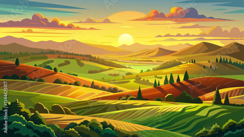 Breathtaking view of majestic rolling hills and verdant fields bathed in the warm glow of the setting sun creating a serene and enchanting landscape