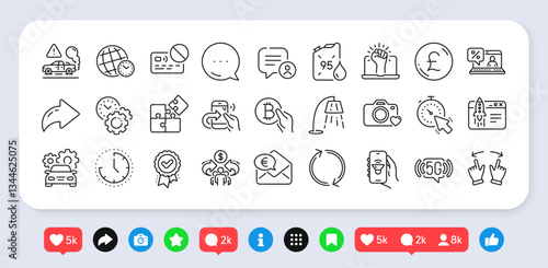 Time, Photo camera and Empower line icons pack. Social media: share, comment, like icons. Time zone, Start business, Puzzle web icon. Car service, Approved award, Sharing economy pictogram. Vector