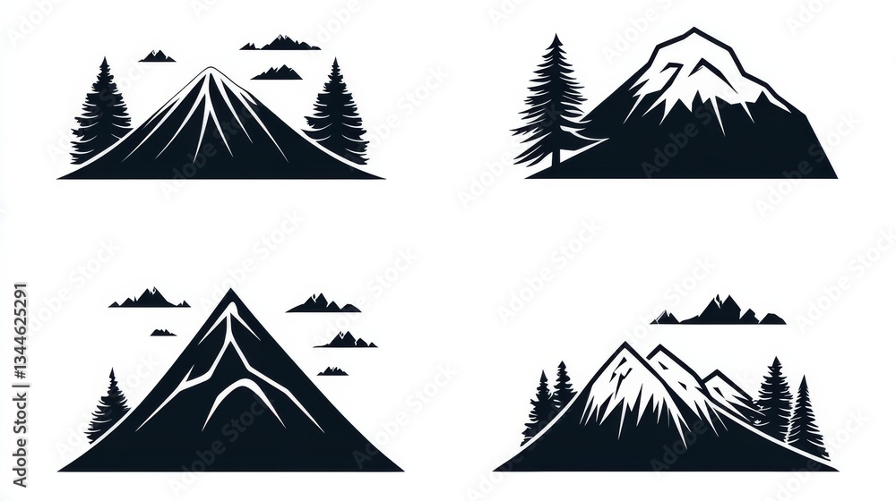 Obraz premium Mountain Landscape Set Black and White Icons with Pine Trees, peaks ,nature ,outdoor