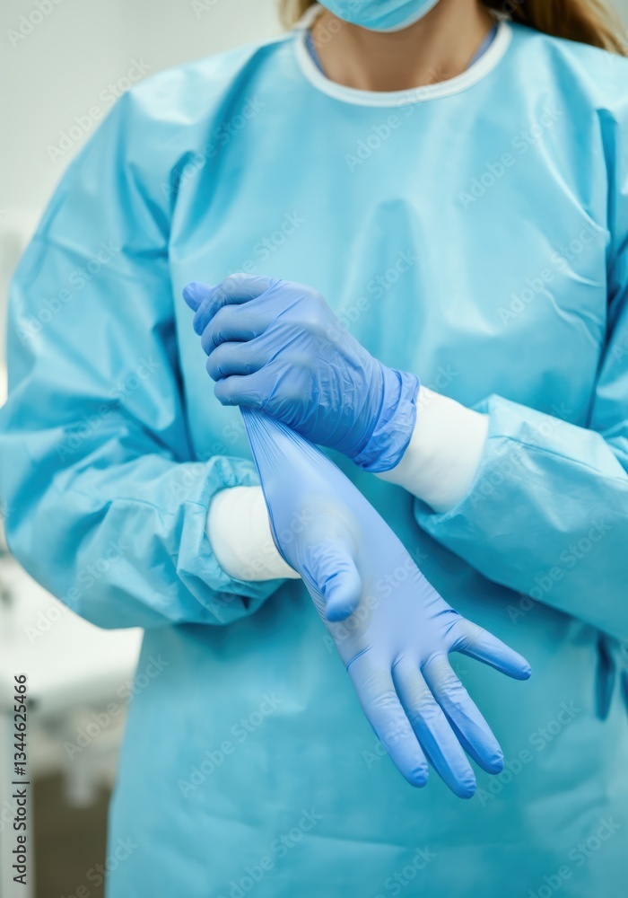 Medical professional putting on blue gloves in a clinical setting Medical professional putting on blue gloves in a clinical setting