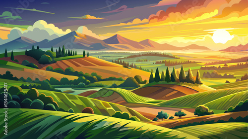 Breathtaking view of majestic rolling hills and verdant fields bathed in the warm glow of the setting sun creating a serene and enchanting landscape