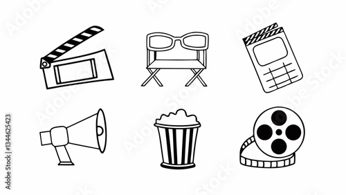 Cinema Movie Icons Set in Line Art Style – Film, Camera, Clapperboard, Tickets