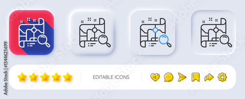 Search map line icon. Neumorphic, Flat shadow, 3d buttons. Find location address sign. Line search map icon. Social media icons. Vector