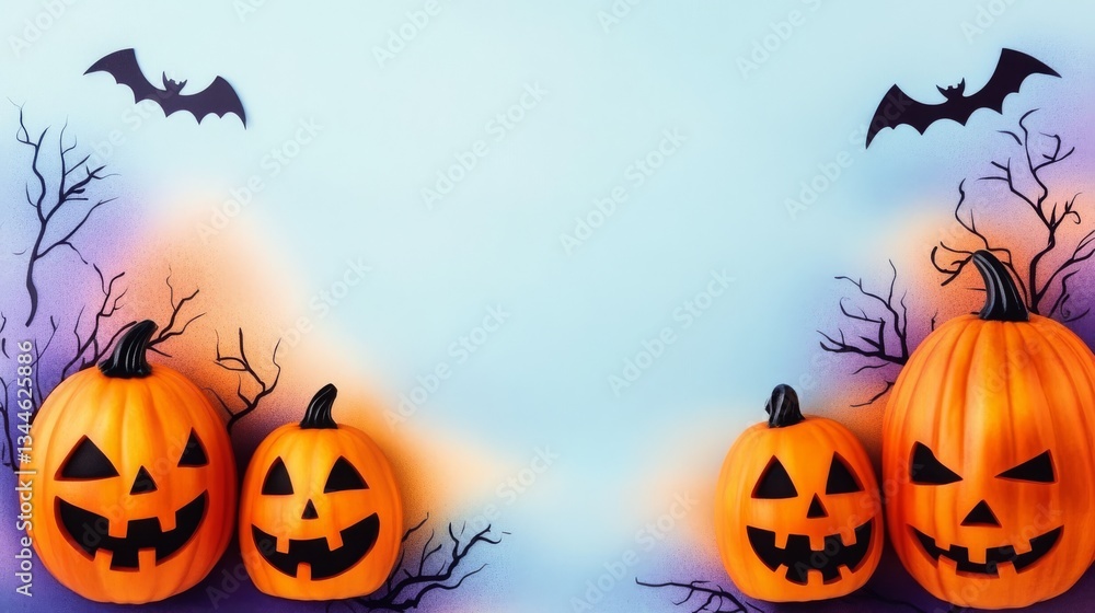 Halloween Pumpkins, Bats and Bare Branches on Blue Background, holiday , spooky