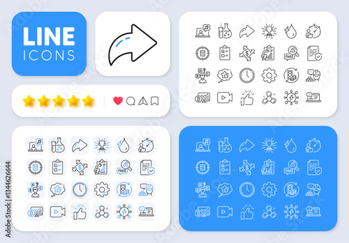 Timer, Ranking stars and Certificate line icons for web app. Message, Share, Like social media icons. Pack of Online documentation, Calculator target, Hydroelectricity pictogram icons. Vector