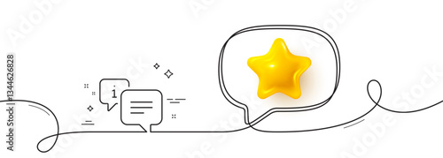 Information line icon. Continuous line with 3d star. Info speech bubble sign. Help inform symbol. 3d star in speech bubble. Info single line ribbon. Loop curve pattern. Vector