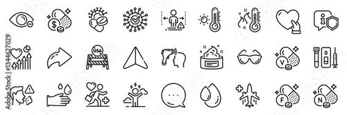 Weather thermometer, Rubber gloves and Cough line icons pack. Share, Message, Paper plane icons. Coronavirus, Difficult stress, High thermometer web icon. Vector
