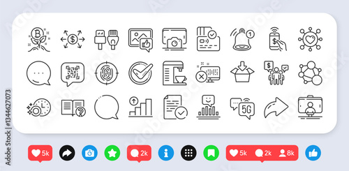 5g internet, Reject access and Integrity line icons pack. Social media: share, comment, like icons. Reminder, Speech bubble, Phone payment web icon. Vector