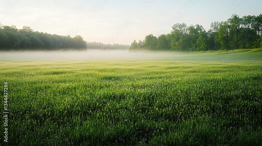 Fototapeta premium Fresh Crisp Spring Morning in Serene Green Field with Fog