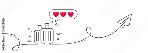 Baggage line icon. Continuous line with share plane. Travel luggage sign. Journey bag claim symbol. Hearts rate review in speech bubble. Baggage single line ribbon. Loop curve pattern. Vector