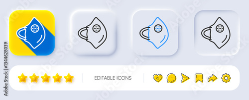Medical mask N95 line icon. Neumorphic, Flat shadow, 3d buttons. Safety breathing respiratory mask sign. Coronavirus face protection symbol. Line medical mask icon. Social media icons. Vector