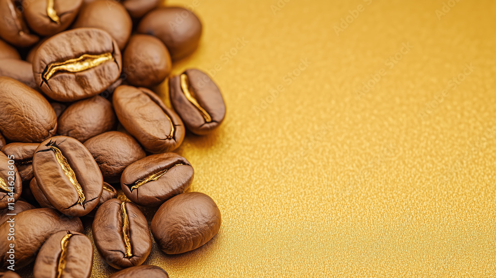 Roasted coffee beans with gold crack lines arranged on yellow golden background. Premium gourmet beverage concept suitable for luxury cafe branding and specialty coffee marketing Roasted coffee beans with gold crack lines arranged on yellow golden background. Premium gourmet beverage concept suitable for luxury cafe branding and specialty coffee marketing