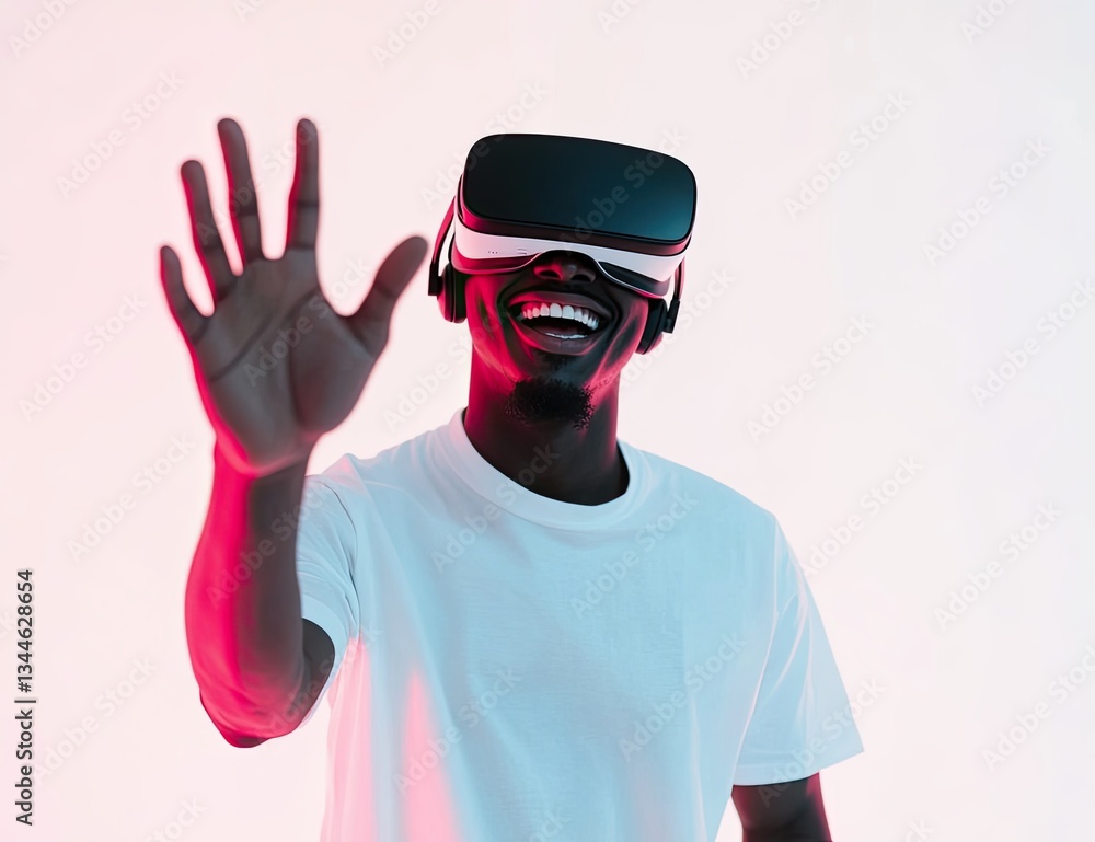 Naklejka premium An enthusiastic young African American man is captivated by the metaverse, sporting high-tech virtual reality goggles