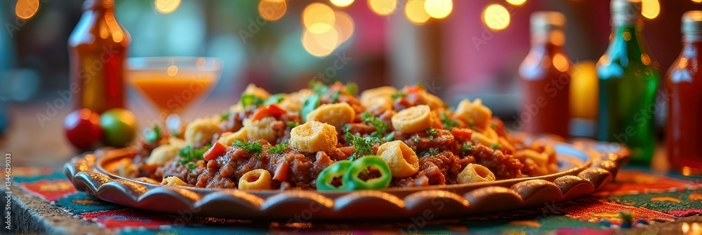 Naklejka premium Spicy mexican dish with tortellini and jalapenos garnished on a festive table setting