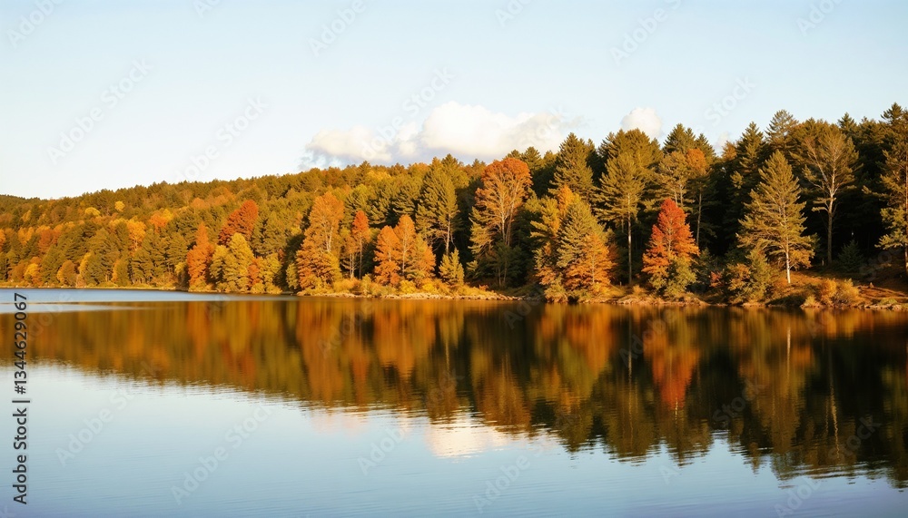 Obraz premium Reflections of colorful autumn trees along the calm surface of a lake, creating a tranquil and serene fall landscape with vibrant red, orange, and yellow foliage mirrored in the water.