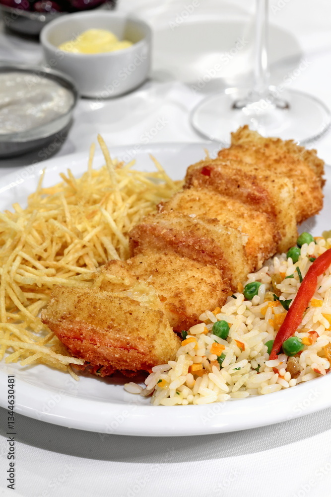 Fried and breaded prawns with Greek rice and French fries Fried and breaded prawns with Greek rice and French fries