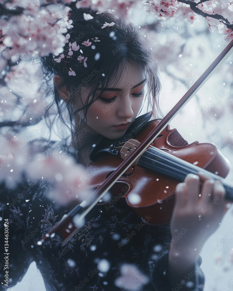 Fototapeta premium Violinist captivates under flowering cherry blossoms in serene spring moment