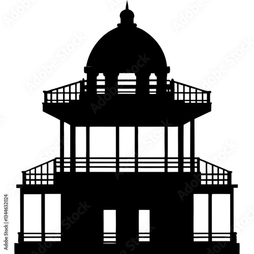 Silhouette of a lighthouse and house with a birdcage and bird against the sky, vintage architecture, vector illustration