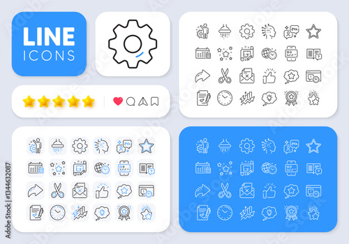 Instruction manual, Consumption growth and Time management line icons for web app. Message, Share, Like social media icons. Pack of Stars, Cut, Project deadline pictogram icons. Vector