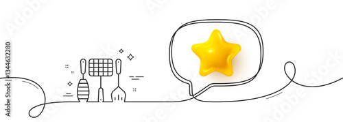 Grill tools line icon. Continuous line with 3d star. Barbecue utensils sign. Food cooking baskets and spatula symbol. 3d star in speech bubble. Grill tools single line ribbon. Vector