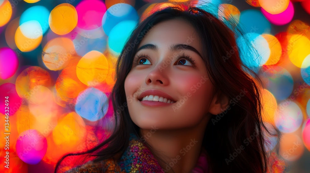 Enchanting Gaze Amidst the Lights: Captivating portrait of a woman, bathed in a soft, warm glow of colorful bokeh lights, gazing upwards with a look of serene wonder. Enchanting Gaze Amidst the Lights: Captivating portrait of a woman, bathed in a soft, warm glow of colorful bokeh lights, gazing upwards with a look of serene wonder.