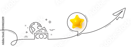 Global business line icon. Continuous line with share plane. Internet payment sign. Social charity symbol. 3d star in speech bubble. Global business single line ribbon. Loop curve pattern. Vector
