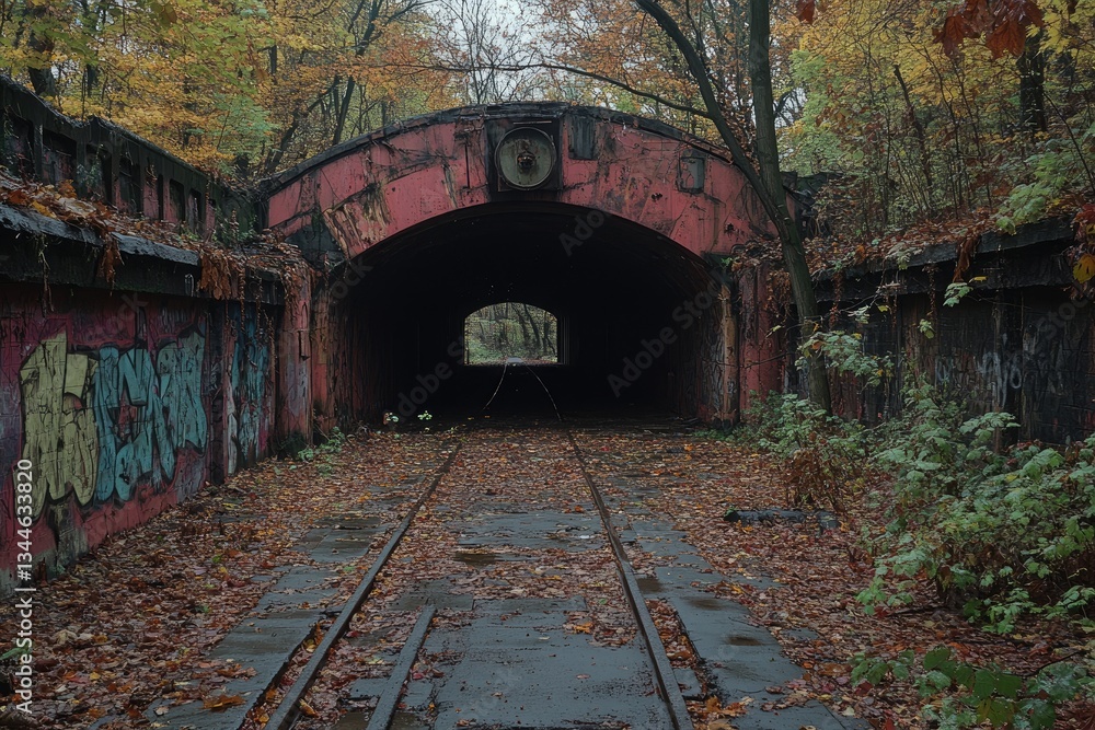 Obraz premium Abandoned Railway Tunnel Autumn Leaves Overgrown Tracks