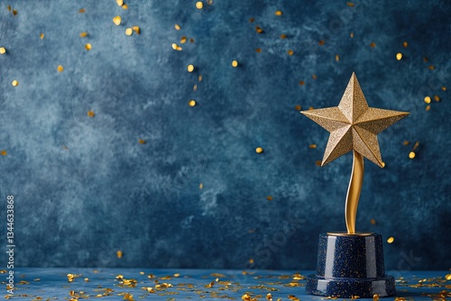 A blue background with a gold star signifies a top performance award. It highlights victory, goal achievement, and recognition, featuring a winner's cup, certificate, and first place in gaming, all