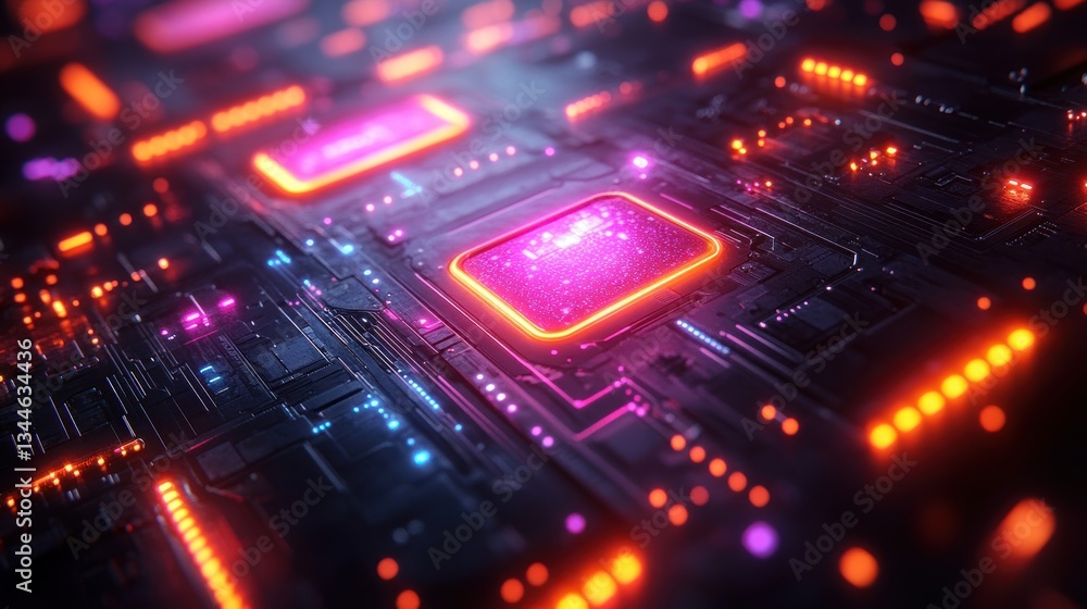 Close-up of a futuristic circuit board with glowing neon components. Close-up of a futuristic circuit board with glowing neon components.