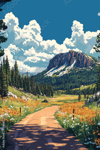 Vector illustration of a scenic mountain road surrounded by wildflowers, lush greenery, and a bright blue sky with fluffy clouds