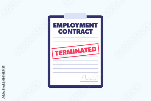 Employment contract on a clipboard stamped with the word terminated in red ink. Job loss. Vector illustration.