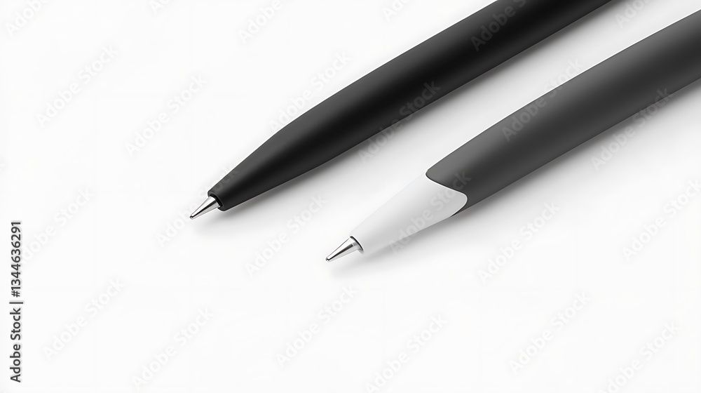 Two ballpoint pens lie on a white surface, office use Two ballpoint pens lie on a white surface, office use