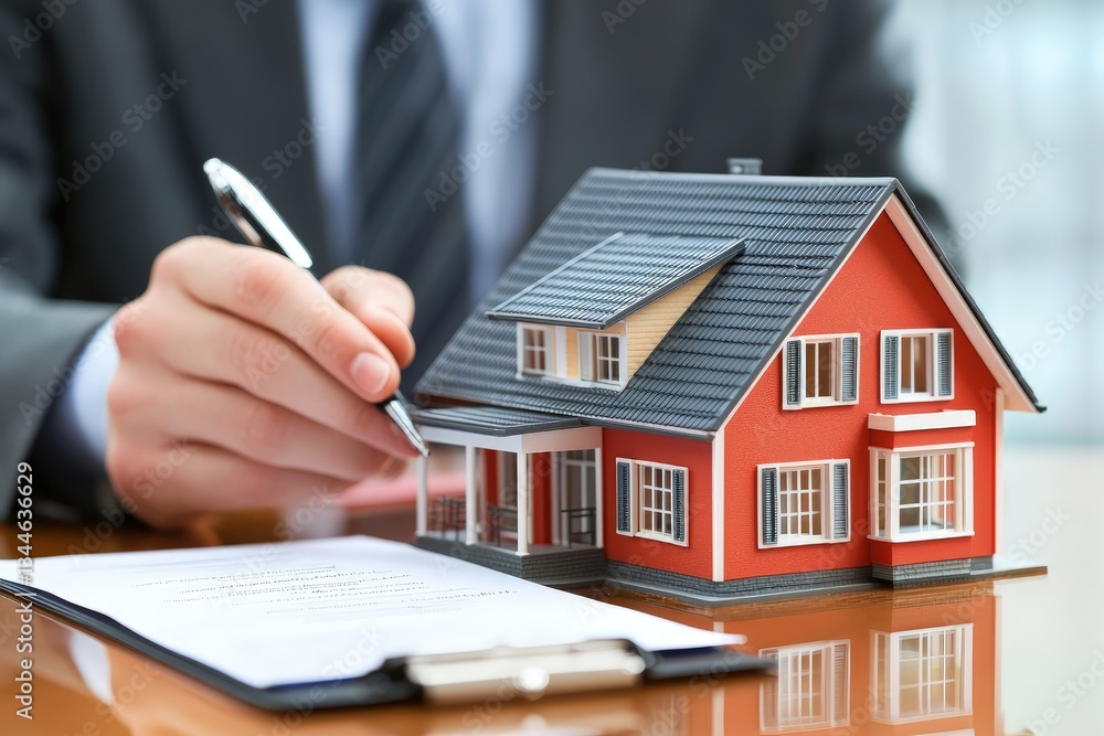 Fototapeta premium A real estate agent in a suit signing a contract next to a detailed house model, representing home sales, property investment, and mortgage agreements. Ideal for real estate marketing