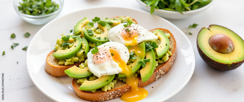 Delicious avocado toast with poached eggs and microgreens, healthy eating Delicious avocado toast with poached eggs and microgreens, healthy eating