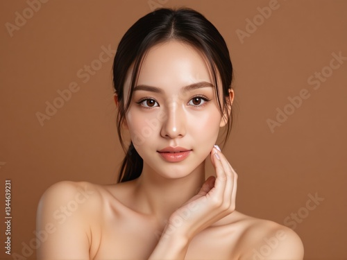 radiant woman with flawless skin, standing in an isolated studio with a brown background, highlighting her glowing complexion for skincare promotion