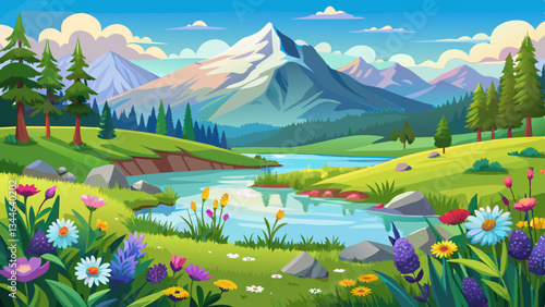Peaceful and serene summer landscape with a tranquil pond lush green meadow colorful wildflowers and a beautiful mountain range in the distance Idyllic and picturesque natural scenery