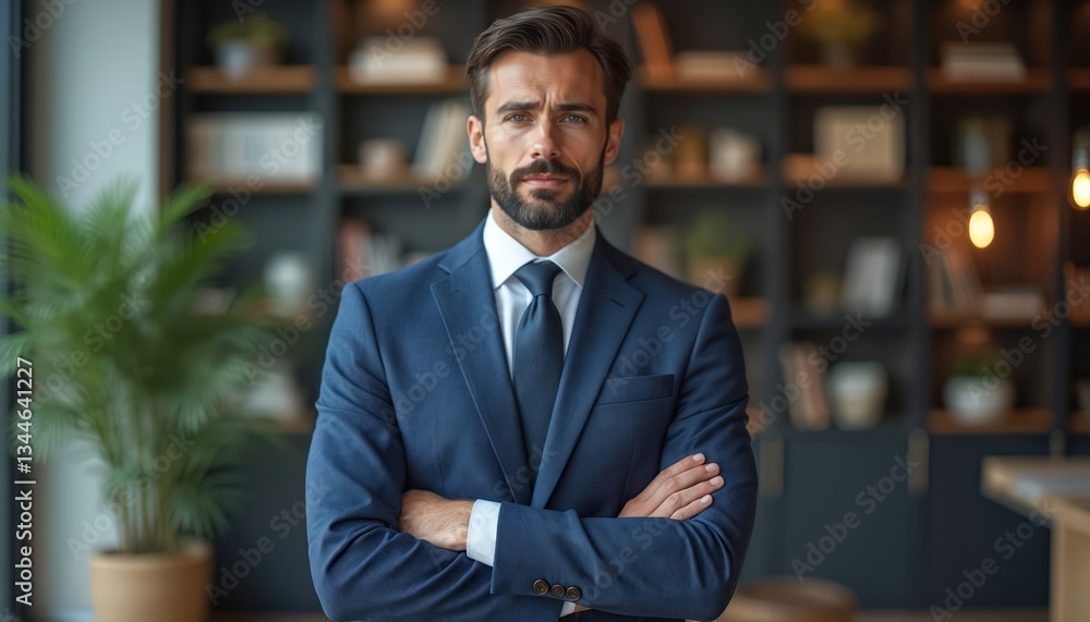 Confident well-dressed man in blue suit and tie stands in office. Bookshelves and indoor plants add style. Successful businessman poses with crossed arms at workplace. Confident well-dressed man in blue suit and tie stands in office. Bookshelves and indoor plants add style. Successful businessman poses with crossed arms at workplace.