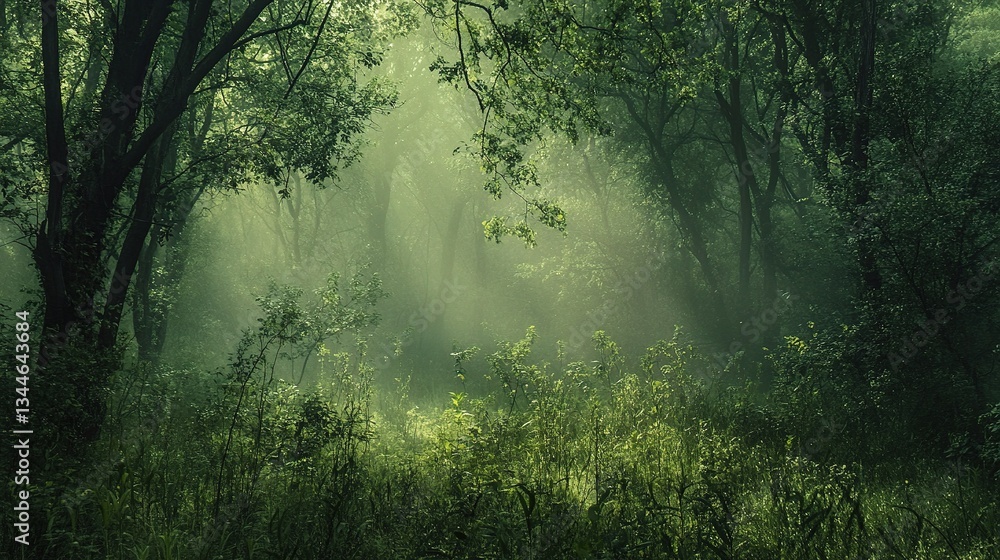 Obraz premium Mystical Foggy Green Forest Embraced by Gentle Light and Shadows