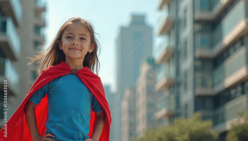 Fototapeta premium Smiling girl in red cape and blue shirt stands in urban setting. Confident child poses as superhero in city, expressing power, dream, imagination and hope for the future.
