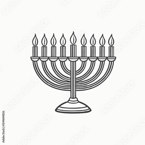 Vintage golden hanukka candelabra lamp, Hand drawn ethnic happy hanukkiah ceremony logo sign icon sketch in retro graphic art on white background
