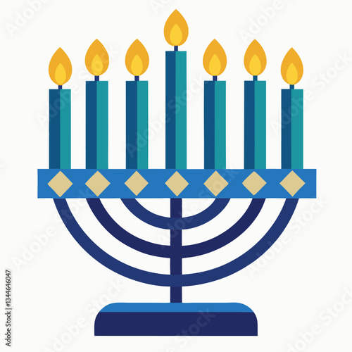 Happy Hanukkah. Celebration with menorah and dreidels, flowers. Black silhouette design. Isolated vector illustration