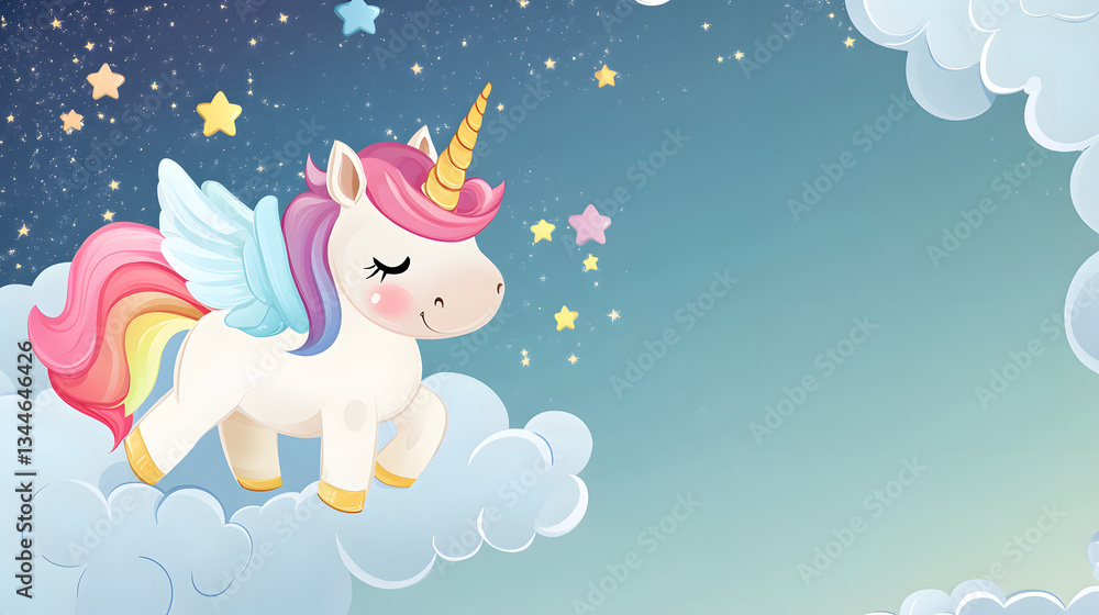 Adorable Cartoon Unicorn with Sky Background for Creative Projects Adorable Cartoon Unicorn with Sky Background for Creative Projects