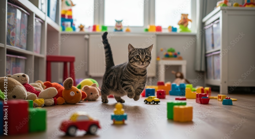 Munchkin cats runs among them, and his short legs give the scene a funny look. A cheerful and bright studio with toys. Munchkin cats runs among them, and his short legs give the scene a funny look. A cheerful and bright studio with toys.