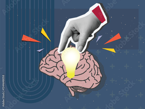 A hand puts a light bulb in a human's brain. Modern photo collage style. Vector illustration