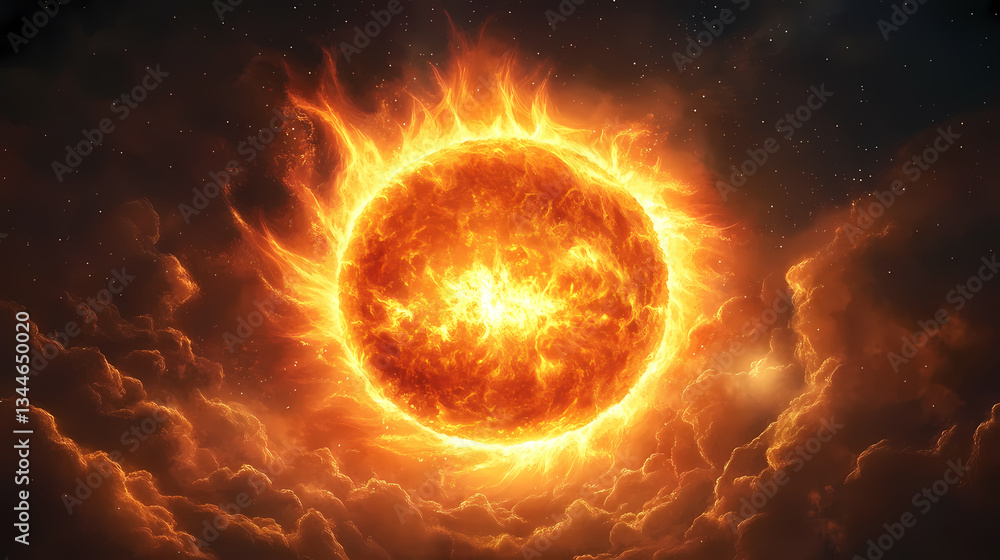 Obraz premium Sun Surrounded by Flames in Outer Space
