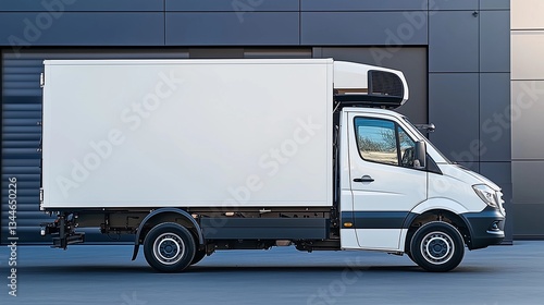 Delivery truck parked outside a modern facility on a clear day